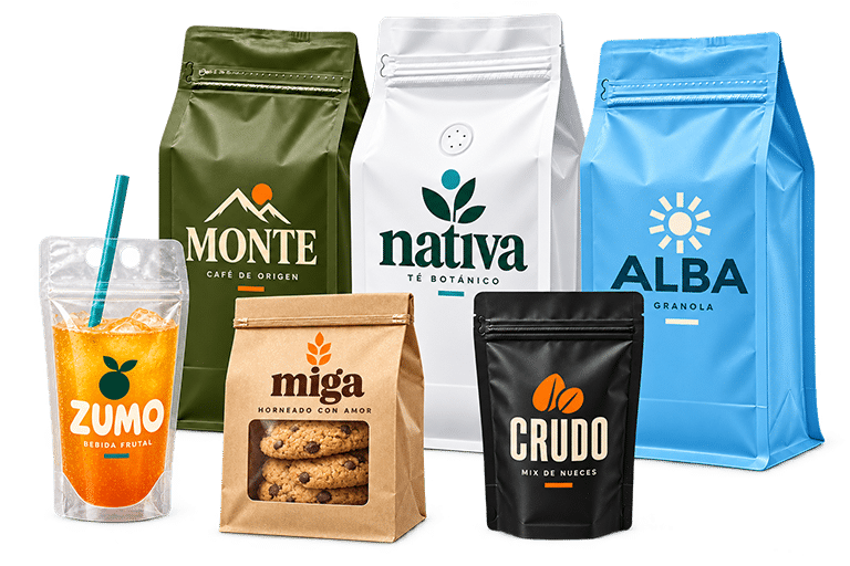 Bolsas kraft, dorada, negra y transparente con ejemplos de serigrafía