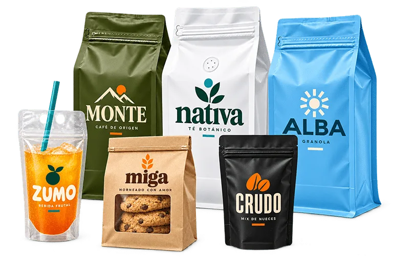 Bolsas kraft, dorada, negra y transparente con ejemplos de serigrafía de Broempaques