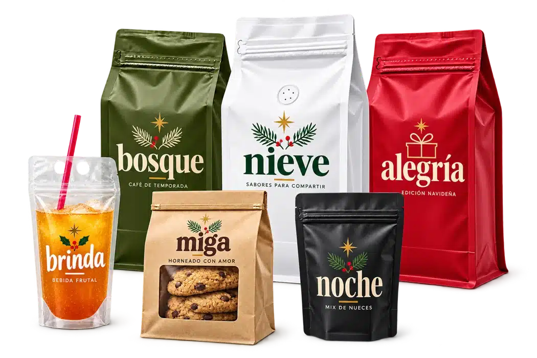 Bolsas variadas con diseños navideños de serigrafía en verde, rojo y crema